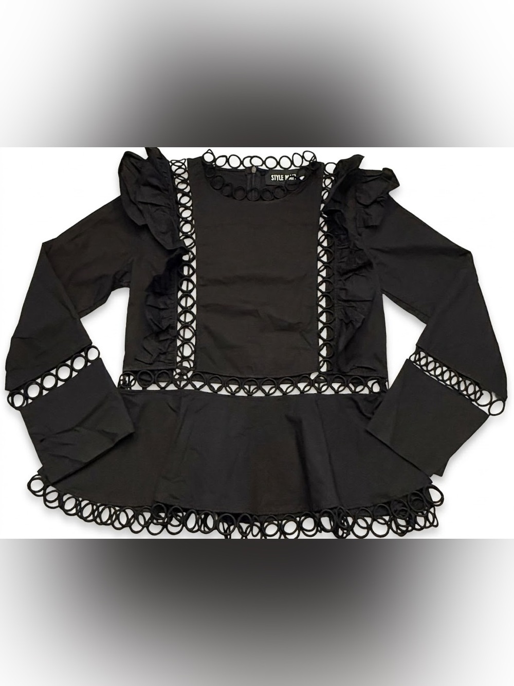 STYLE MAFIA Black Ruffle Peplum Blouse Circle Ring Cutout Top Dark Romance M